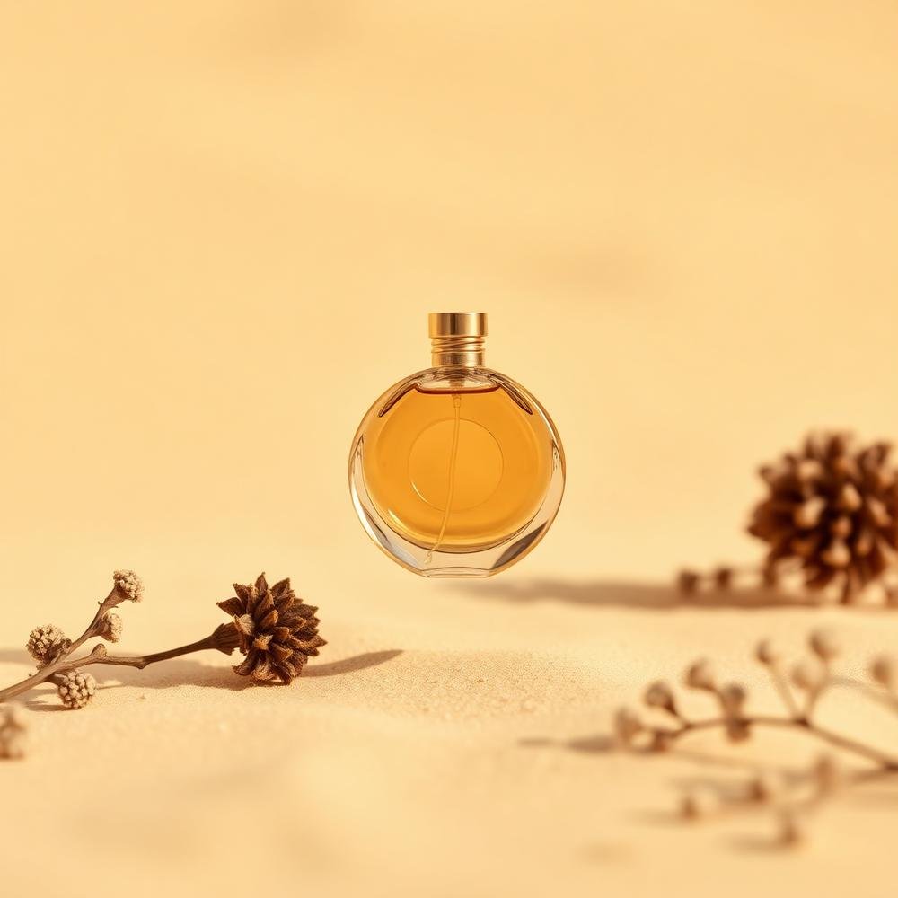 Round perfume bottle floating in warm sand