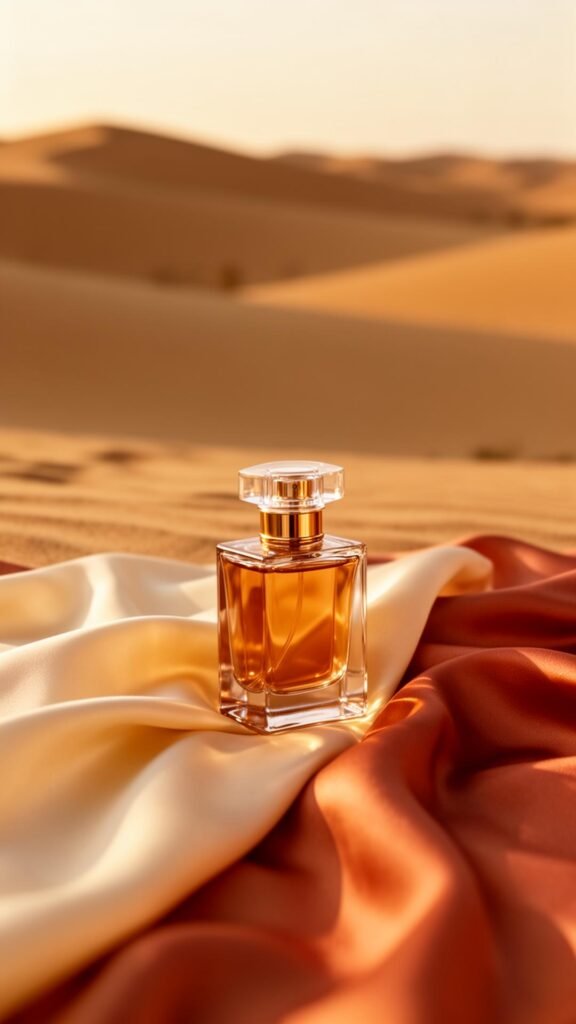 Luxury perfume bottle on silk in golden desert light